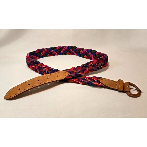 Vtg Guatemalan Woven Fabric Belt Sz M Tribal Southwestern Leather Buckel Ethnic - Picture 2 of 11